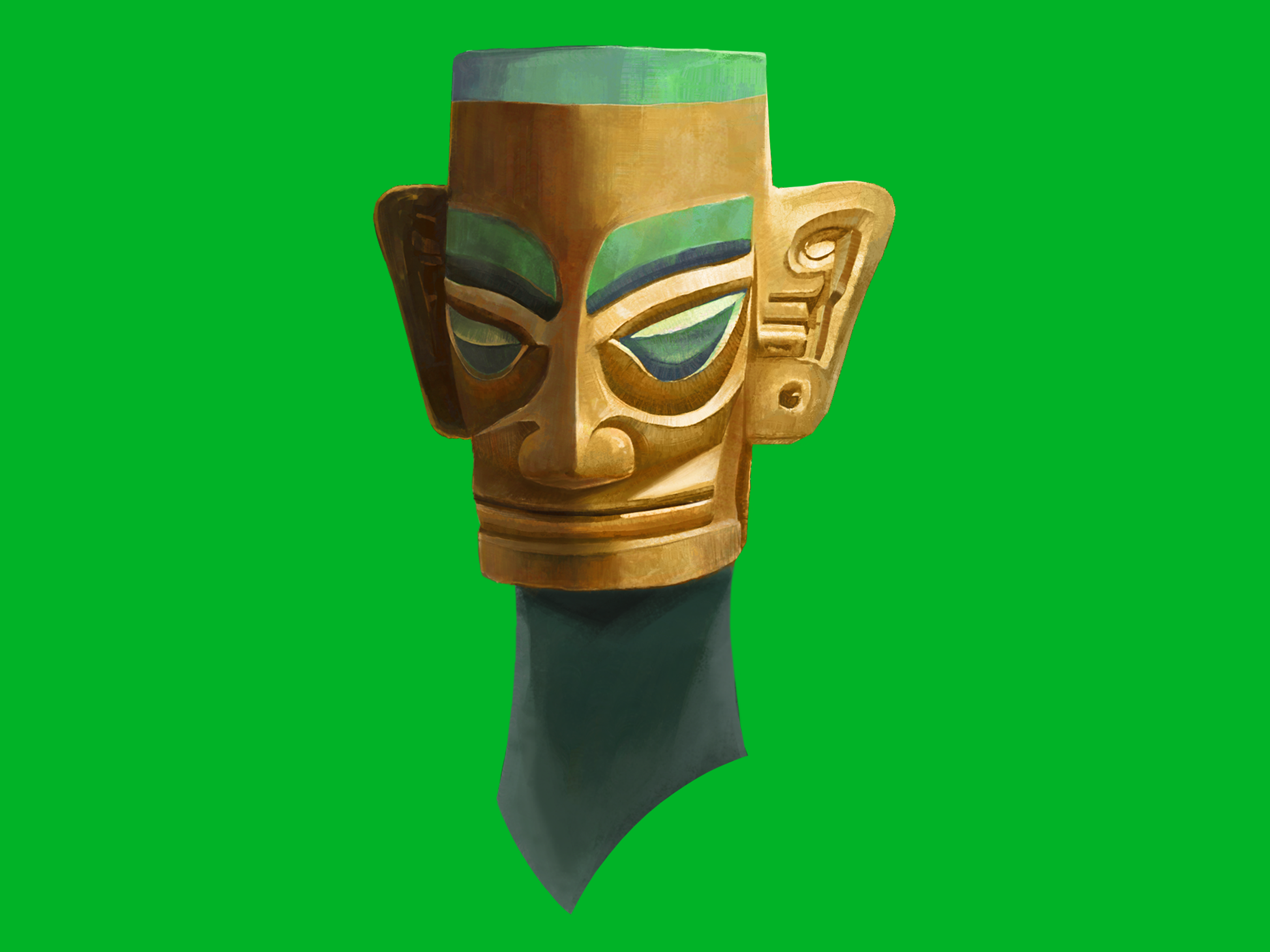 Formlift — painted Sanxingdui-inspired bronze mask concept on green