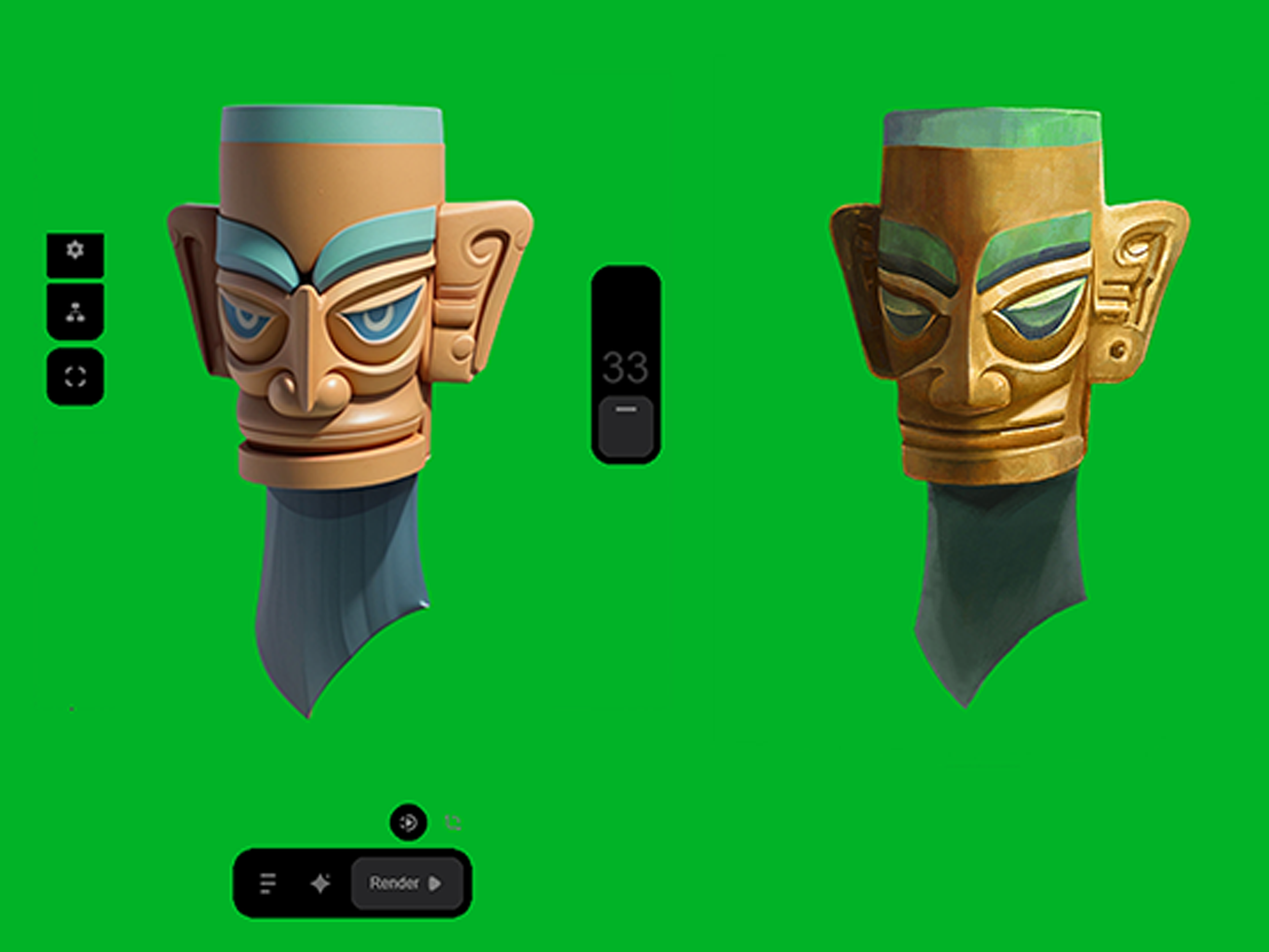 Formlift — Substance Painter texture pass: bronze mask with gold and patina on green key