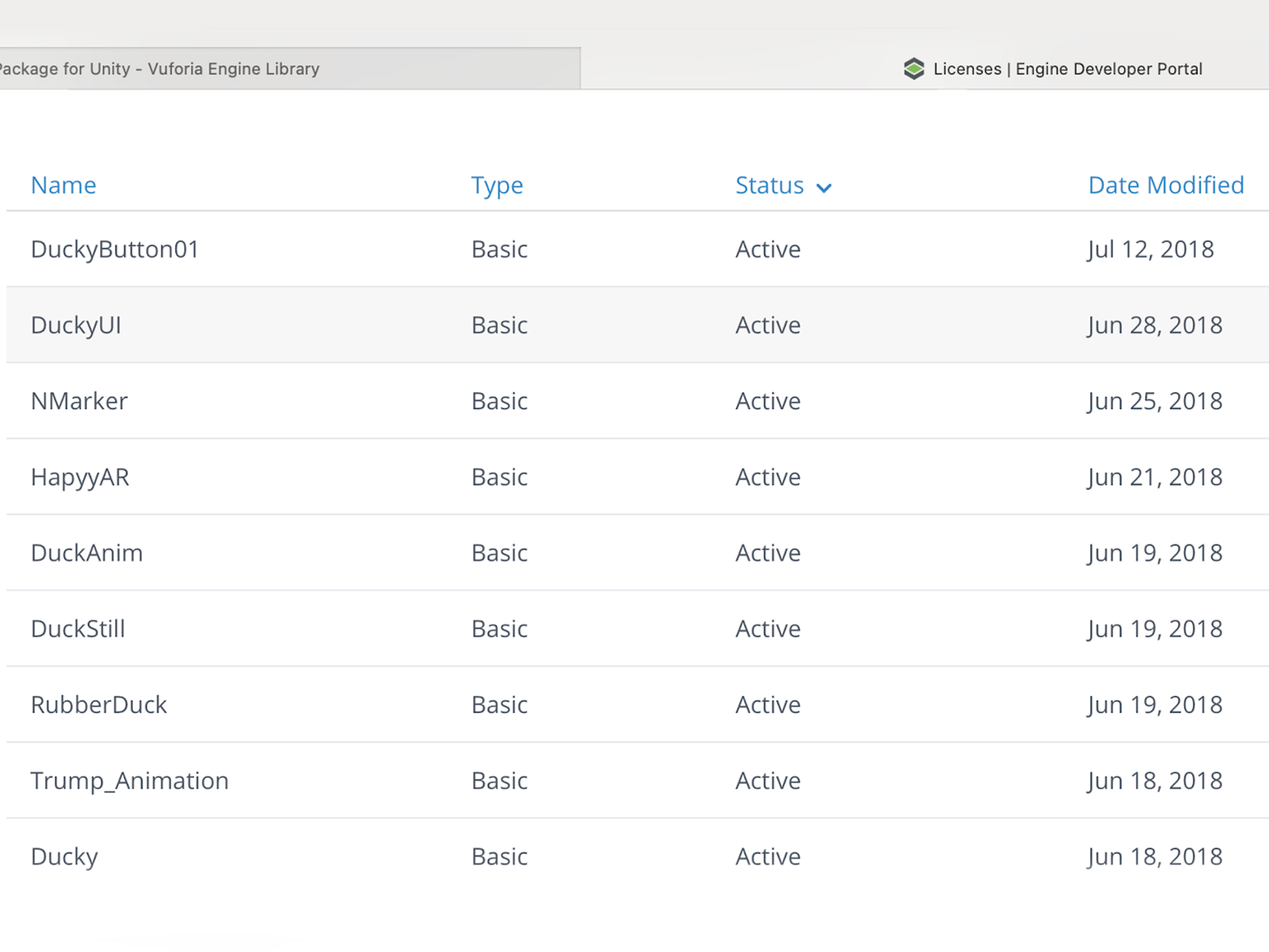 Vuforia developer portal — project licenses and keys from 2018