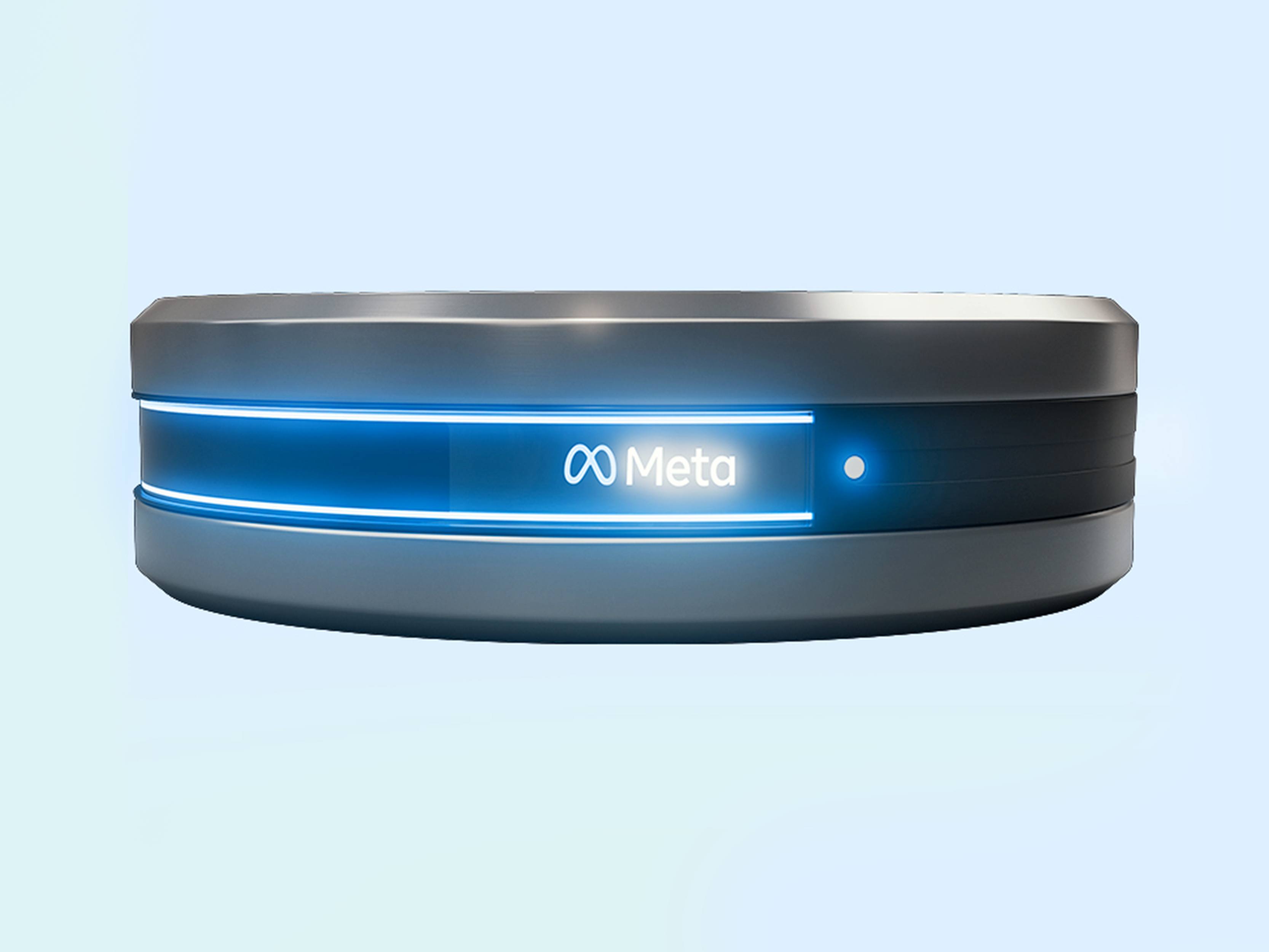 Meta Ring front view — brushed metal band with glowing blue center strip and Meta logo