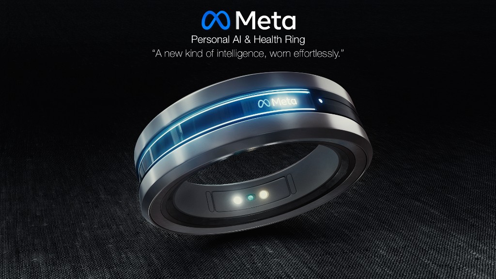 Meta Personal AI and Health Ring — metallic band with glowing blue light strip and sensor detail on a dark textured surface