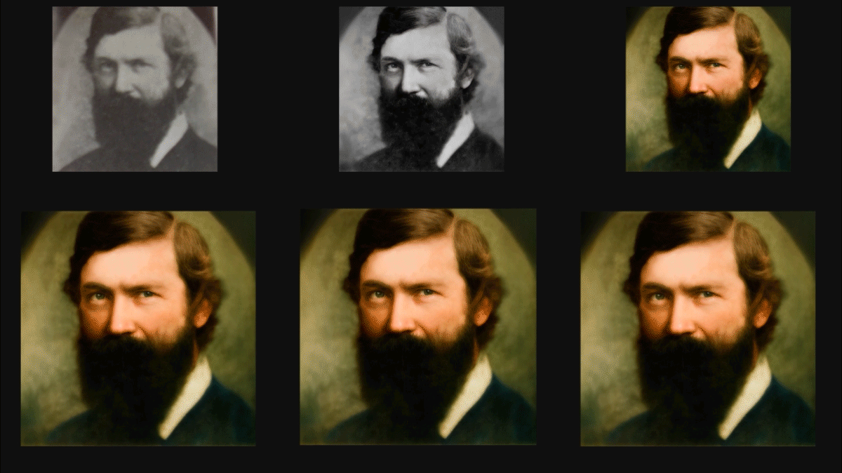 Reframe — animated sheet: low-resolution source through reconstruction, color, and motion frames for sketch reference