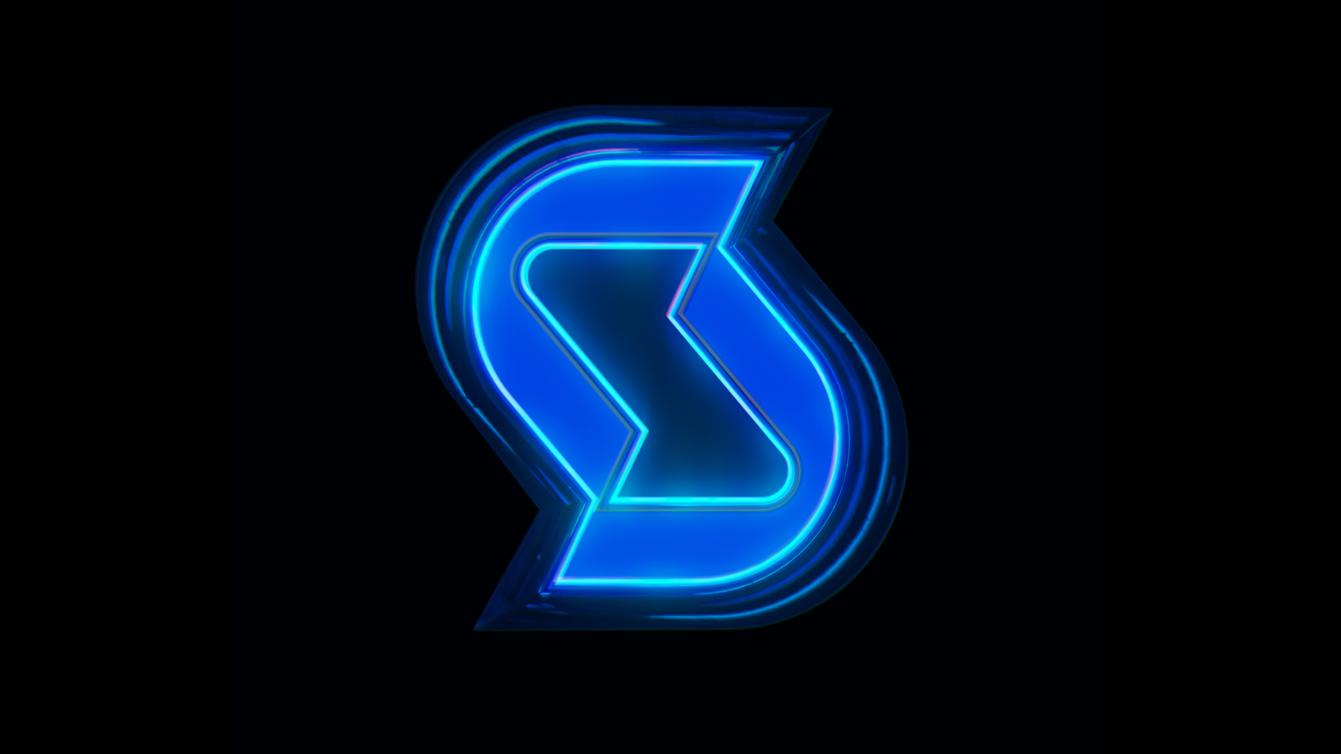 Glowing blue geometric logo on black