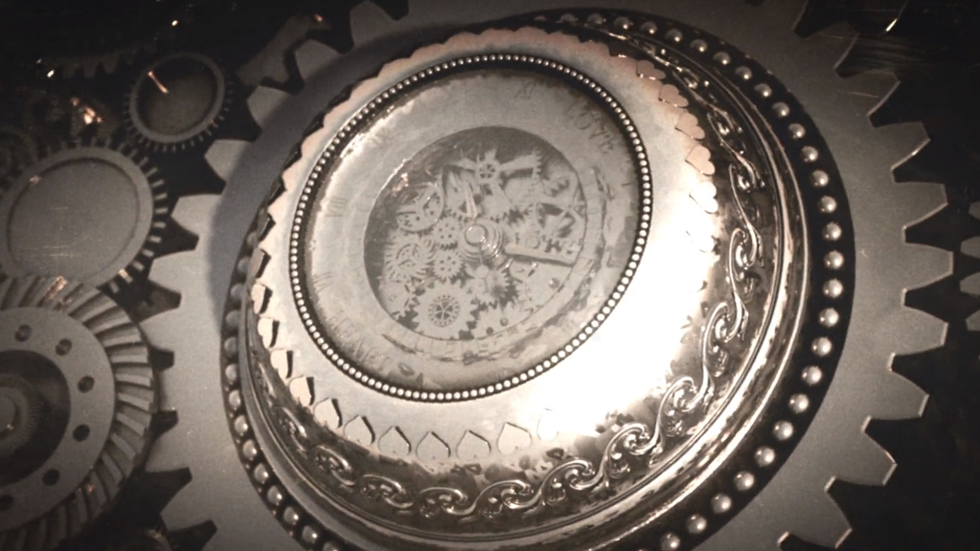 Close-up of interlocking silver clockwork gears