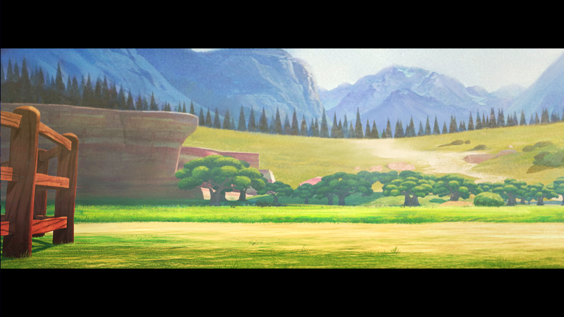 Painterly sunlit valley with fence, plateau, and distant mountains