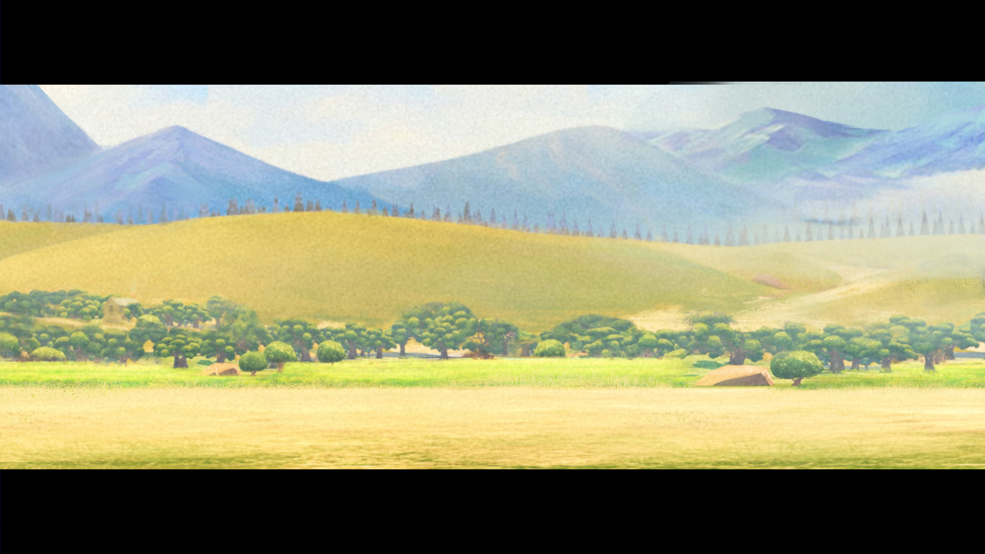 Soft illustrated landscape with yellow field and rounded trees