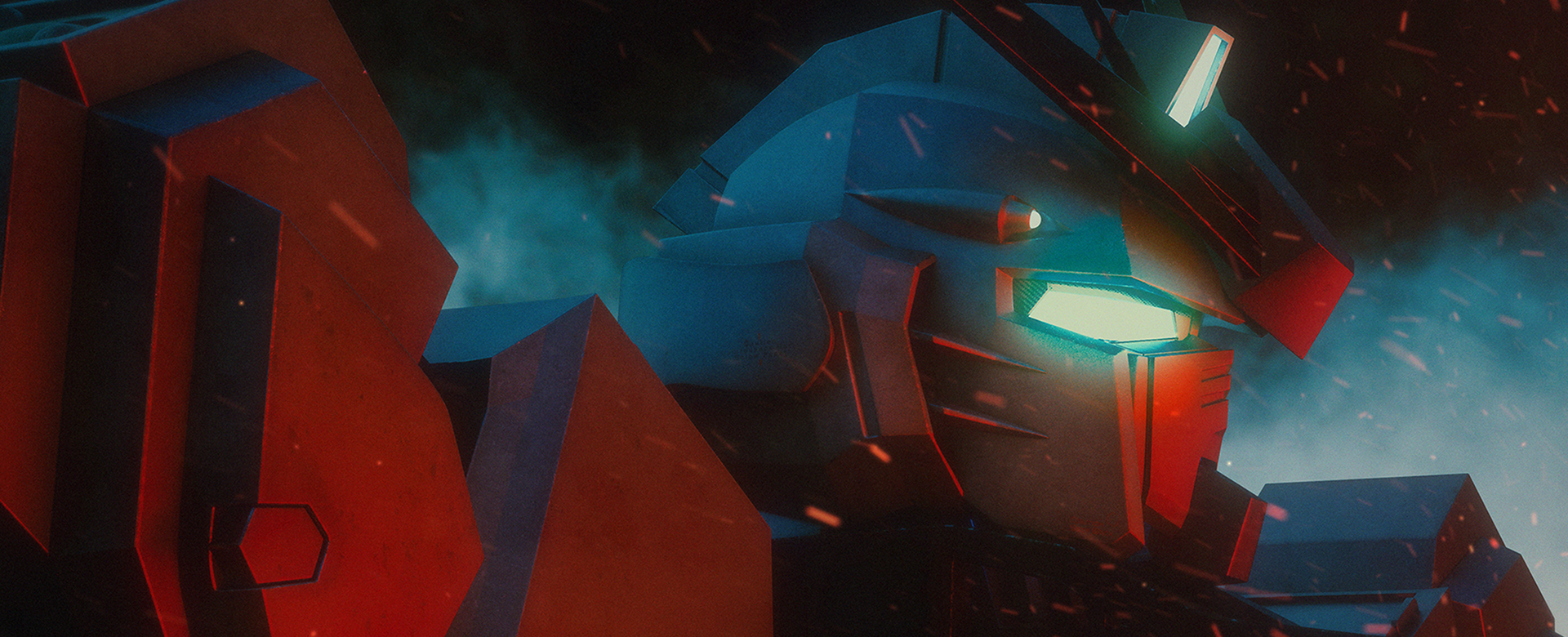 Close-up of Gundam head and shoulder with teal visor glow and red rim light