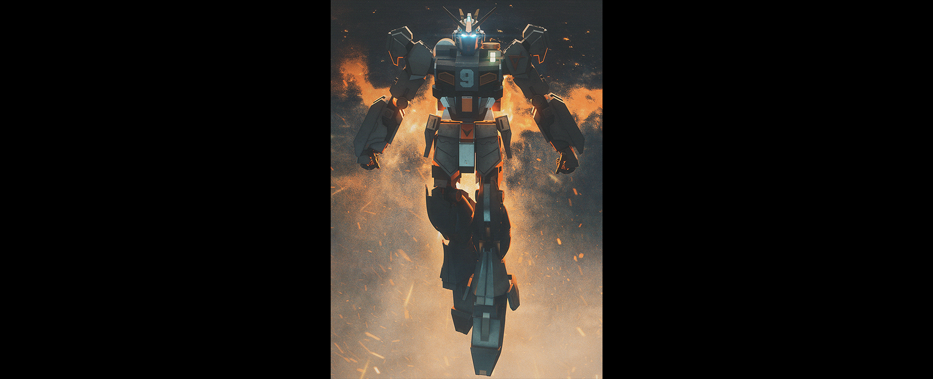 Frontal view of Gundam torso and chest armor with weathered teal plating