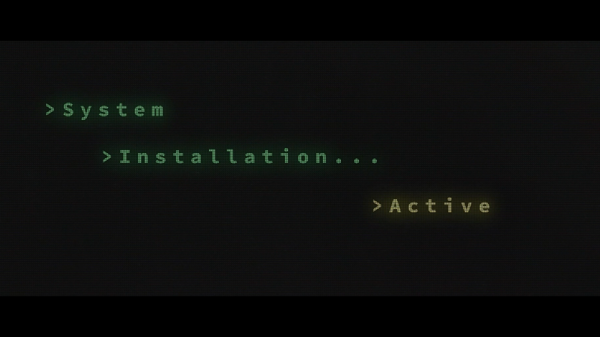 Retro terminal-style UI with System, Installation, and Active status lines on a dark grid