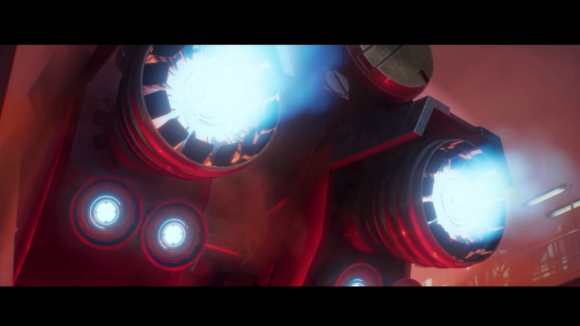 Rear thrusters of a red mobile suit firing intense blue-white plasma in a hazy hangar