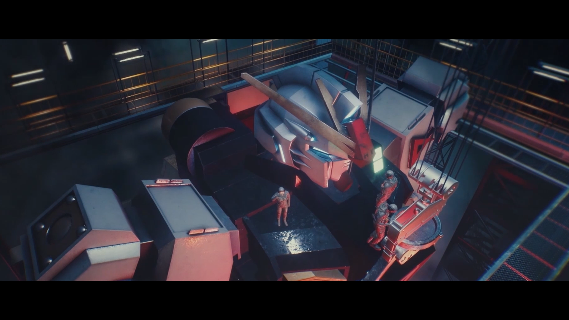 High-angle view of Gundam head and shoulders in a hangar with tiny crew figures for scale