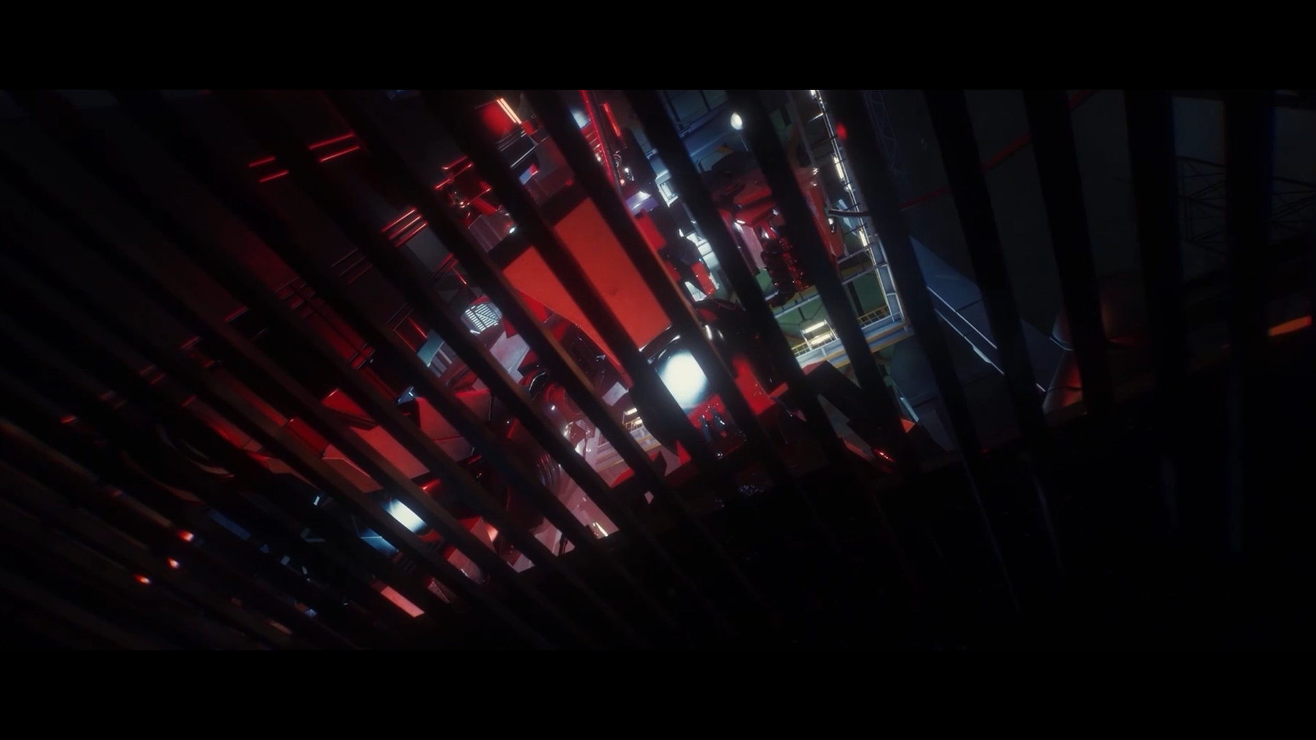 Gundam in a hangar, seen through dark overhead slats with red rim light