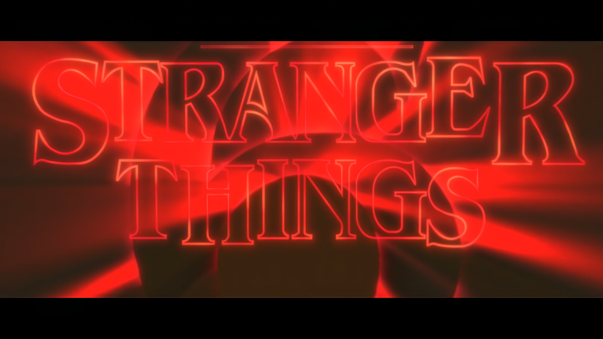 Stranger Things title — red neon logo and light rays